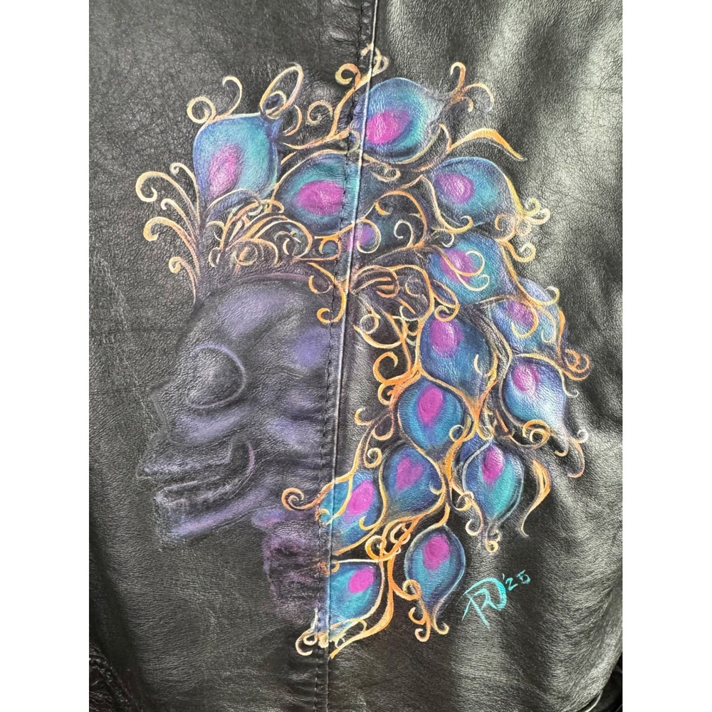 1 of 1 Vintage Custom Painted Leather Biker Jacket Peacock Skull Black